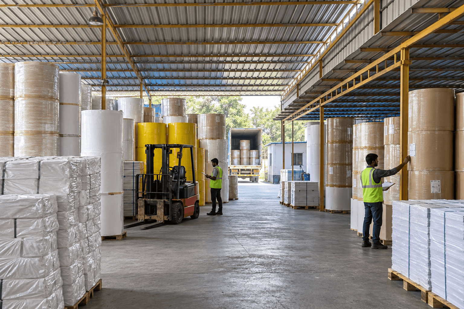 Paper rolls stocked in the warehouse ready for dispatch