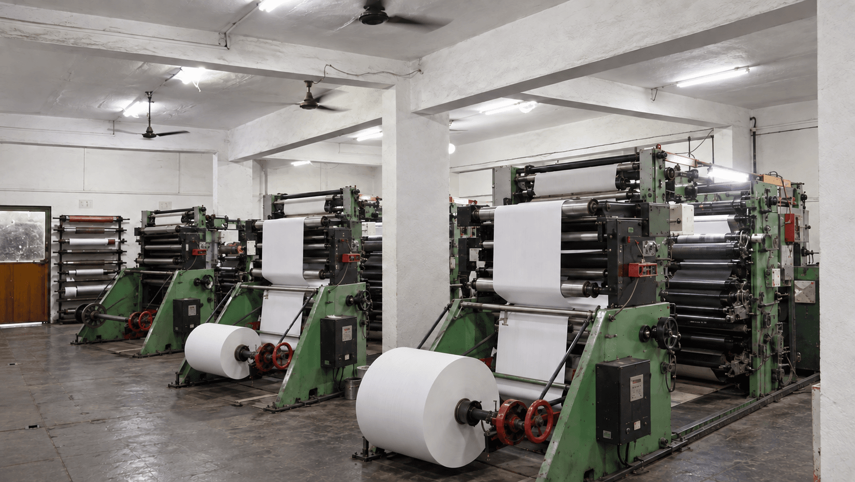 Ruling machines processing paper reels in the production hall